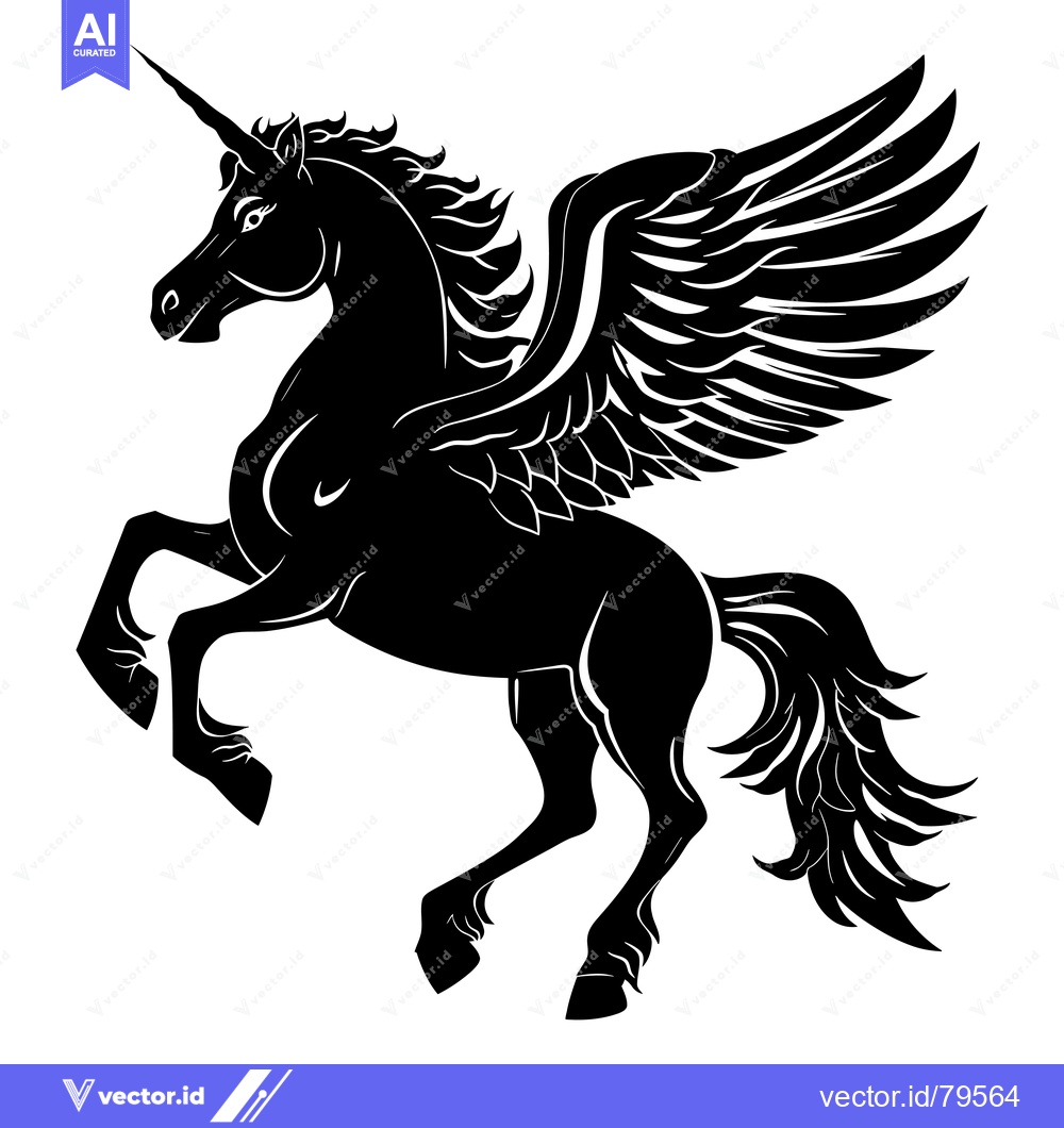 Premium Vector dari A black silhouette of a winged unicorn with a long horn, standing on i