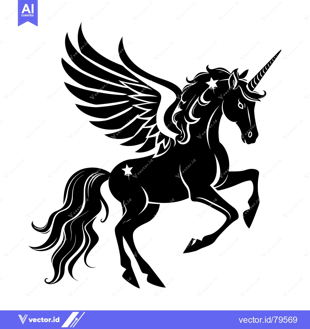 Premium Vector of Black and White Silhouette of a Winged Unicorn with Stars
