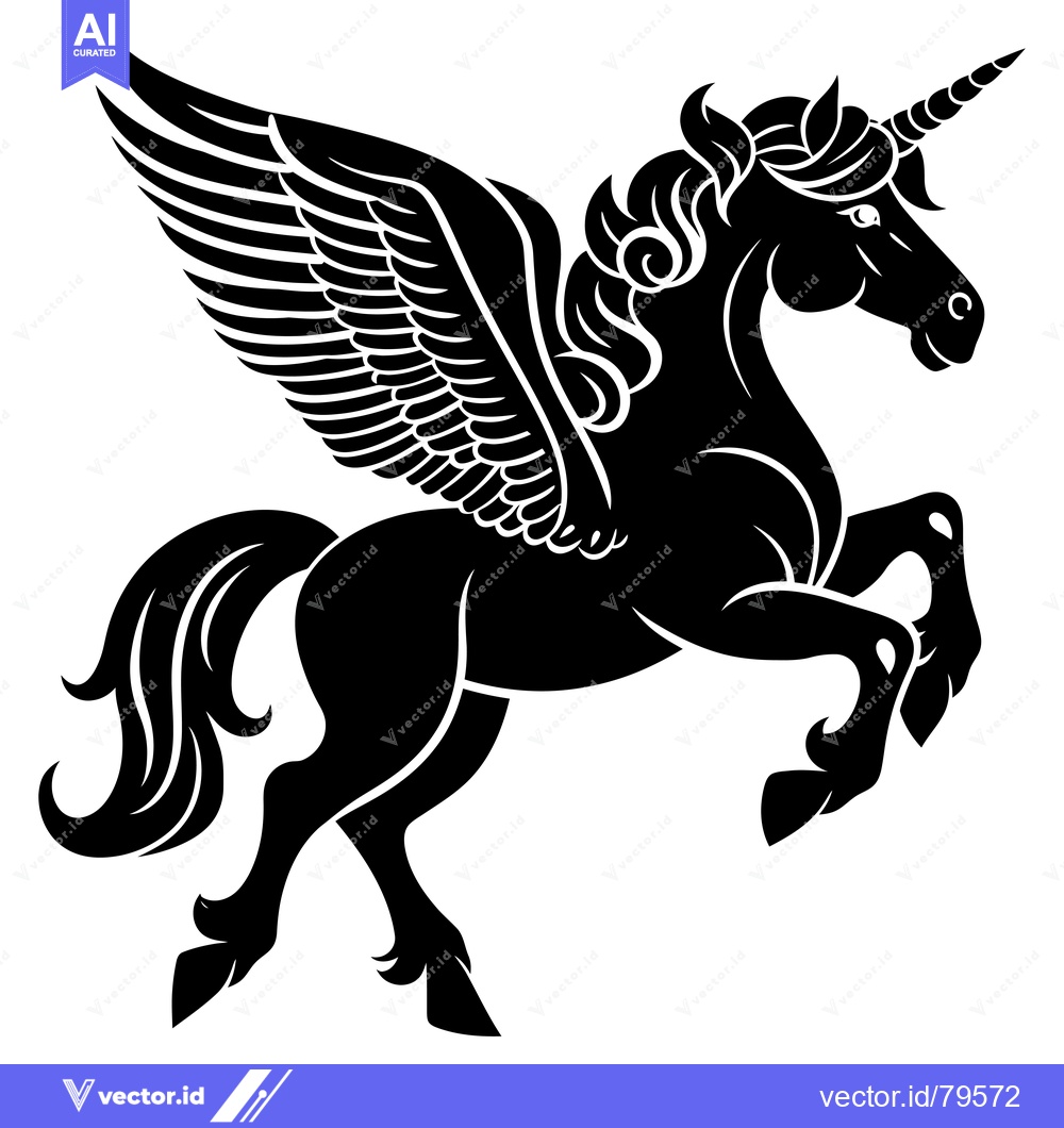 Premium Vector dari Black and White Silhouette of a Winged Unicorn with a Spiral Horn