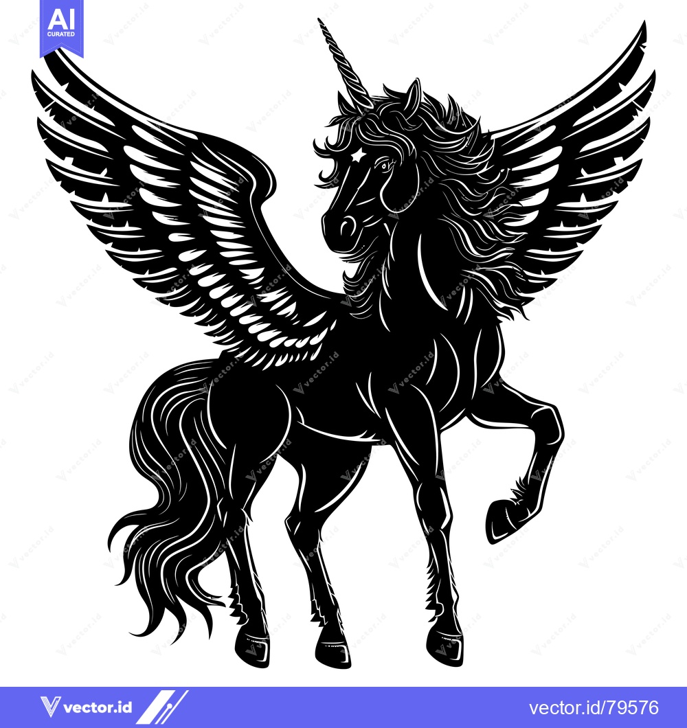 Premium Vector dari Black and White Silhouette of a Winged Unicorn with a Spiral Horn