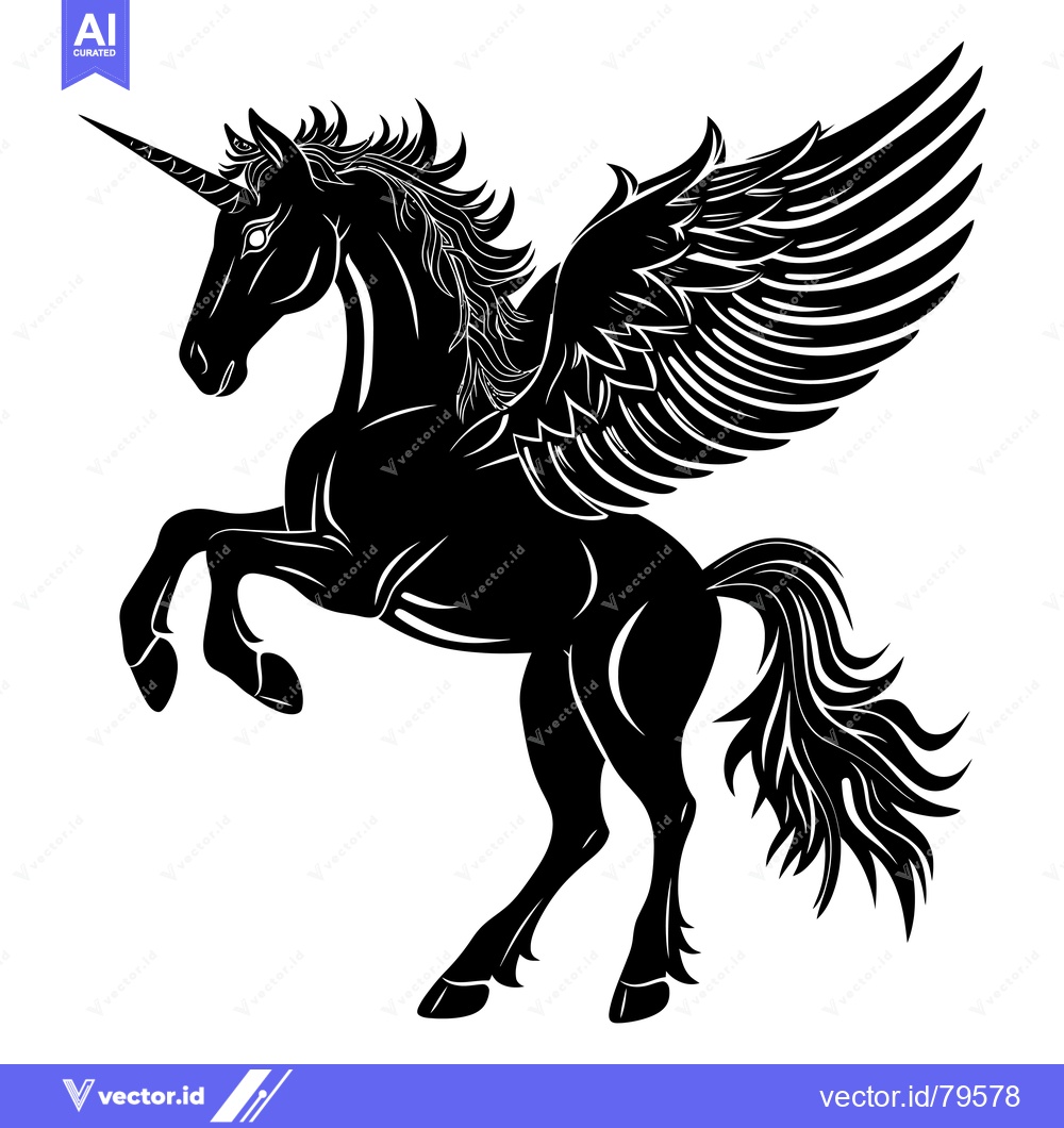 Premium Vector of Black and white silhouette of a winged unicorn rearing up on its hind