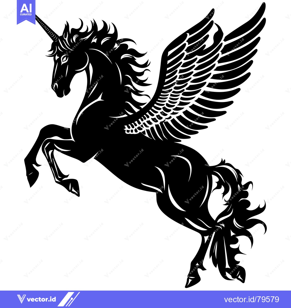 Premium Vector dari A Black and White Silhouette of a Winged Unicorn Rearing Up