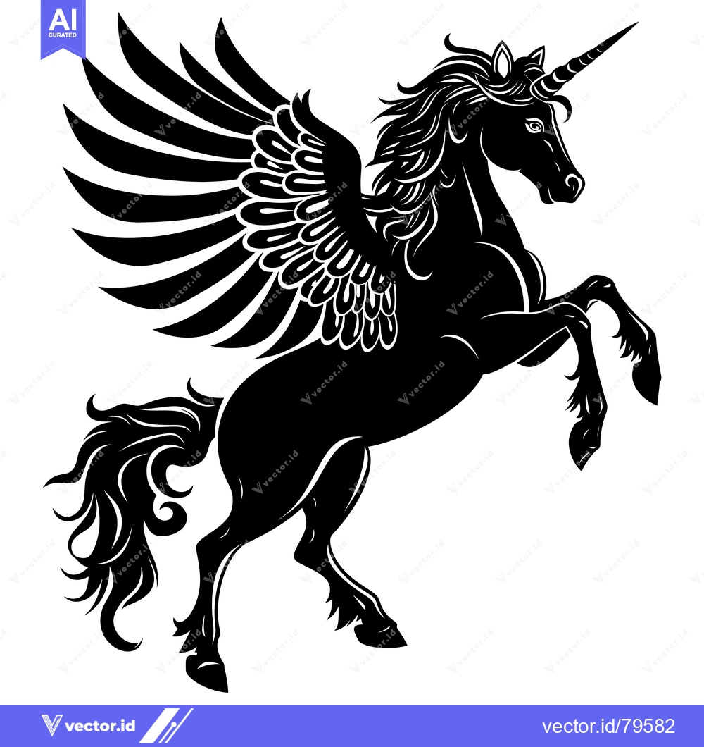 Premium Vector dari Black and White Silhouette of a Winged Unicorn with a Horn