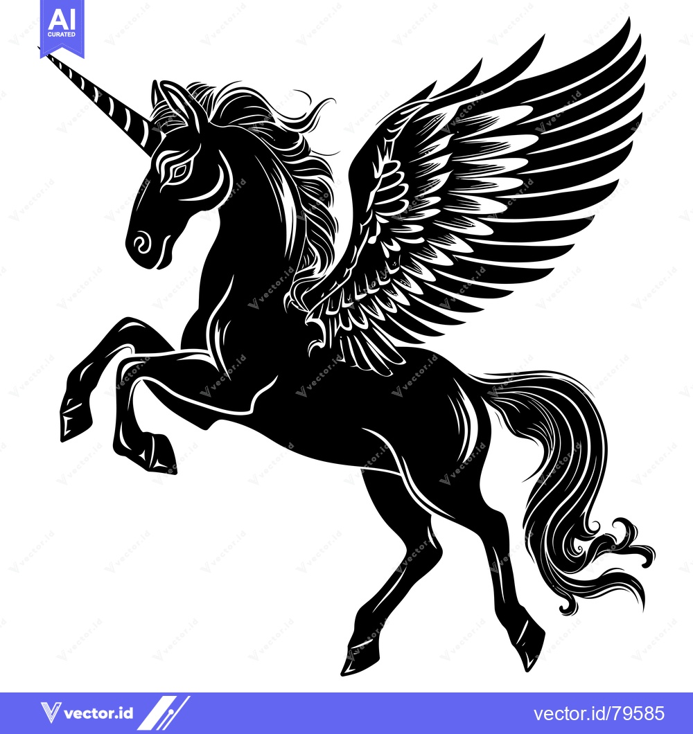 Premium Vector of Black and White Silhouette of a Winged Unicorn with a Long Horn