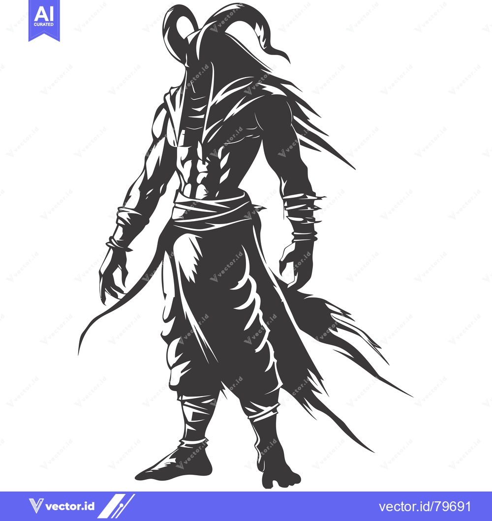 Premium Vector dari A muscular, horned, cloaked figure with a flowing cape stands with fis