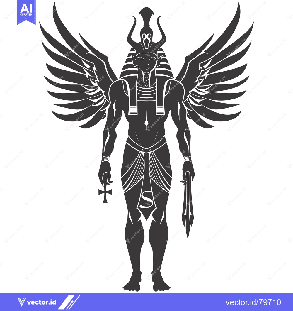 Premium Vector dari Winged Anthropomorphic Figure with Egyptian Headwear and Weapons