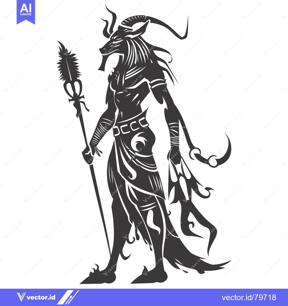 Premium Vector of Anubis, the Egyptian God of the Dead, with a Staff and a Crescent Moon