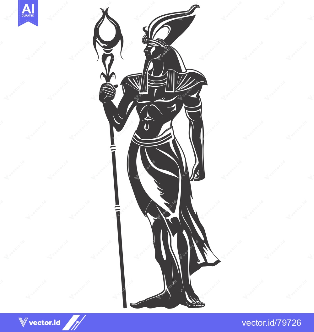Premium Vector dari Black and White Illustration of an Egyptian God Holding a Staff