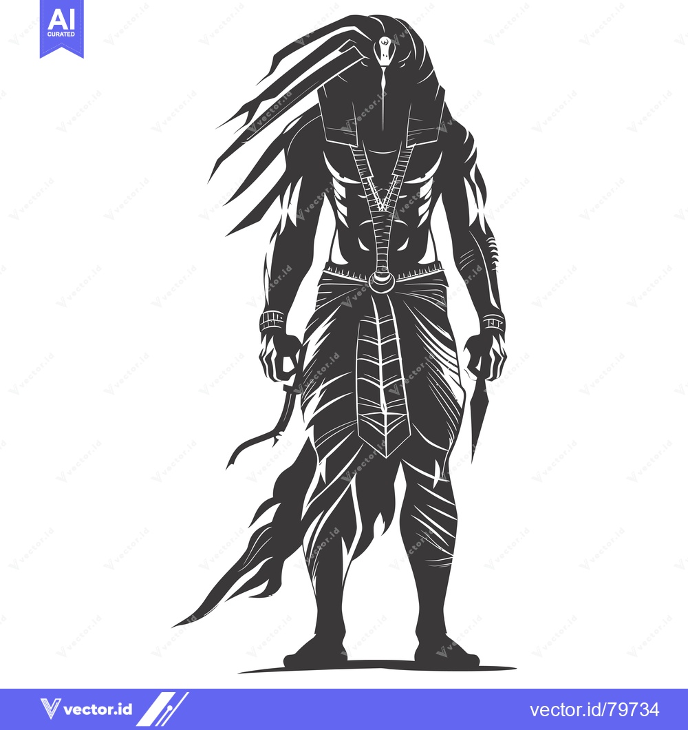 Premium Vector of Silhouette of a  Muscular  Warrior with a Headdress and a Weapon