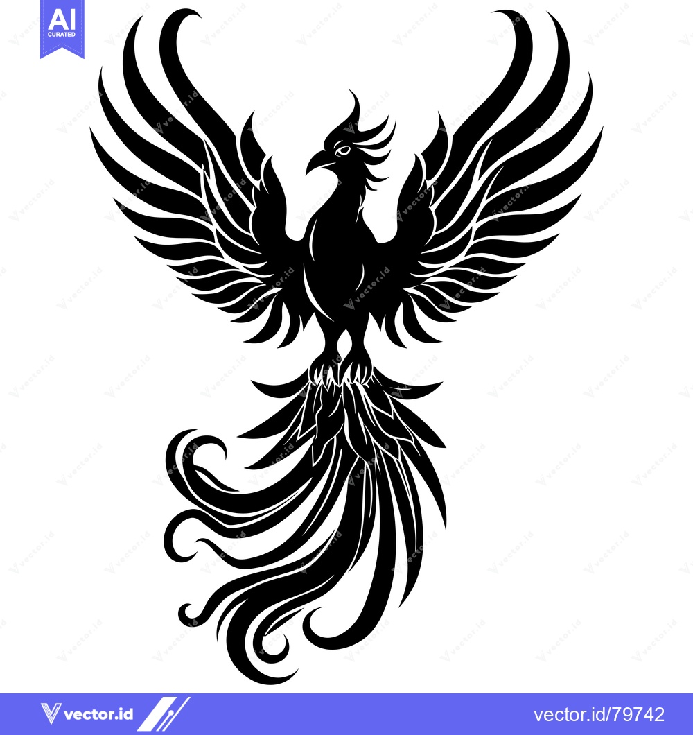 Premium Vector of Black and White Silhouette of a Phoenix with Spread Wings and Tail Fea