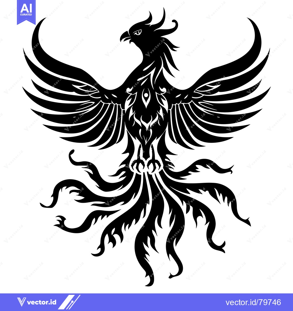 Premium Vector of Black and White Stylized Illustration of a Phoenix with Spread Wings a