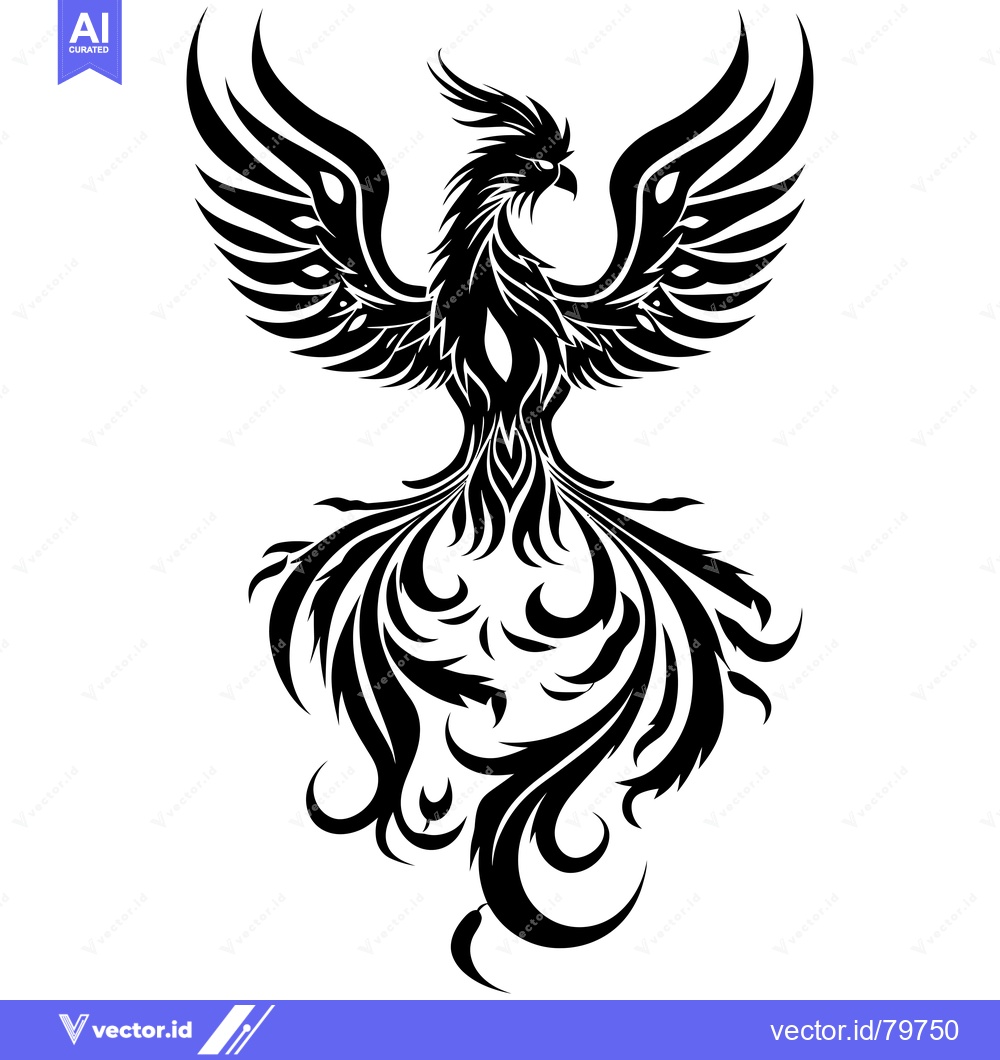 Premium Vector dari Black and White Stylized Phoenix with Spread Wings and Tail Feathers