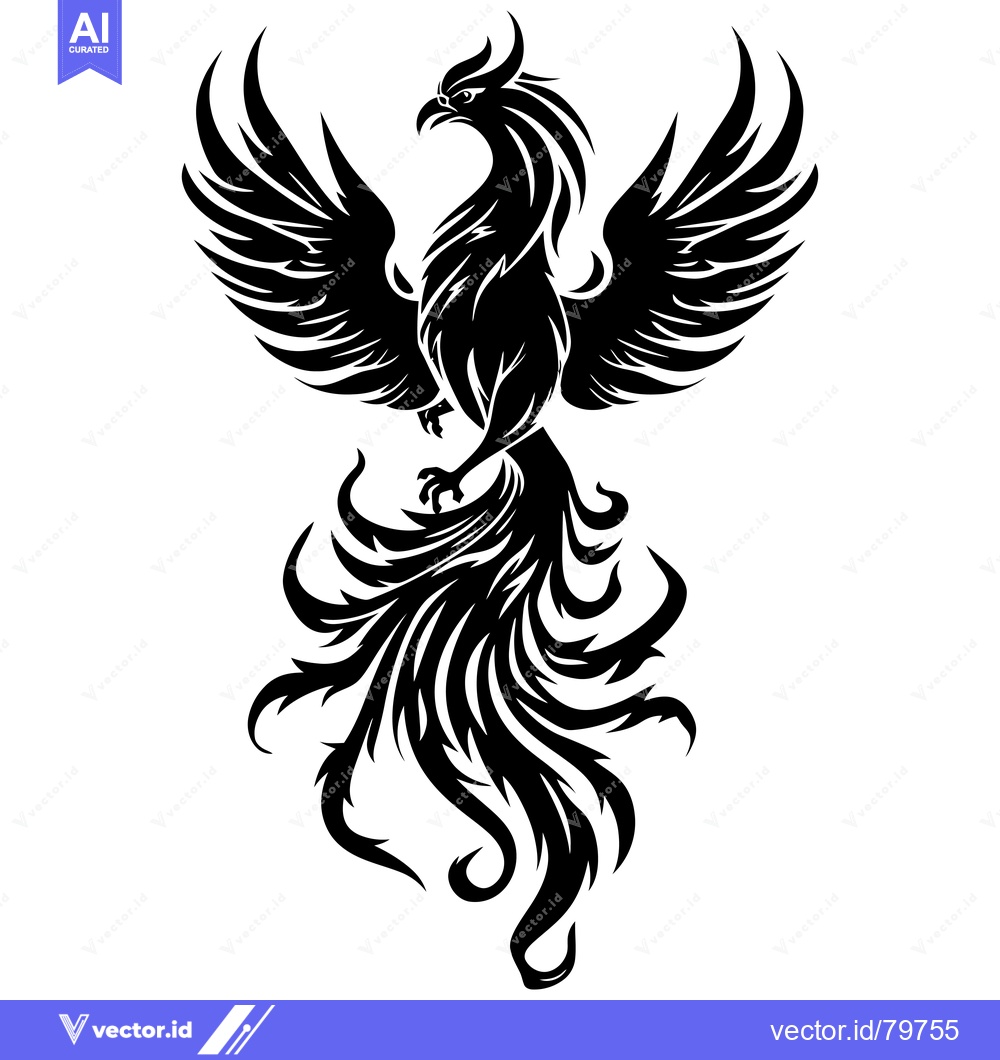 Premium Vector dari Black and White Silhouette of a Phoenix Bird with Spread Wings