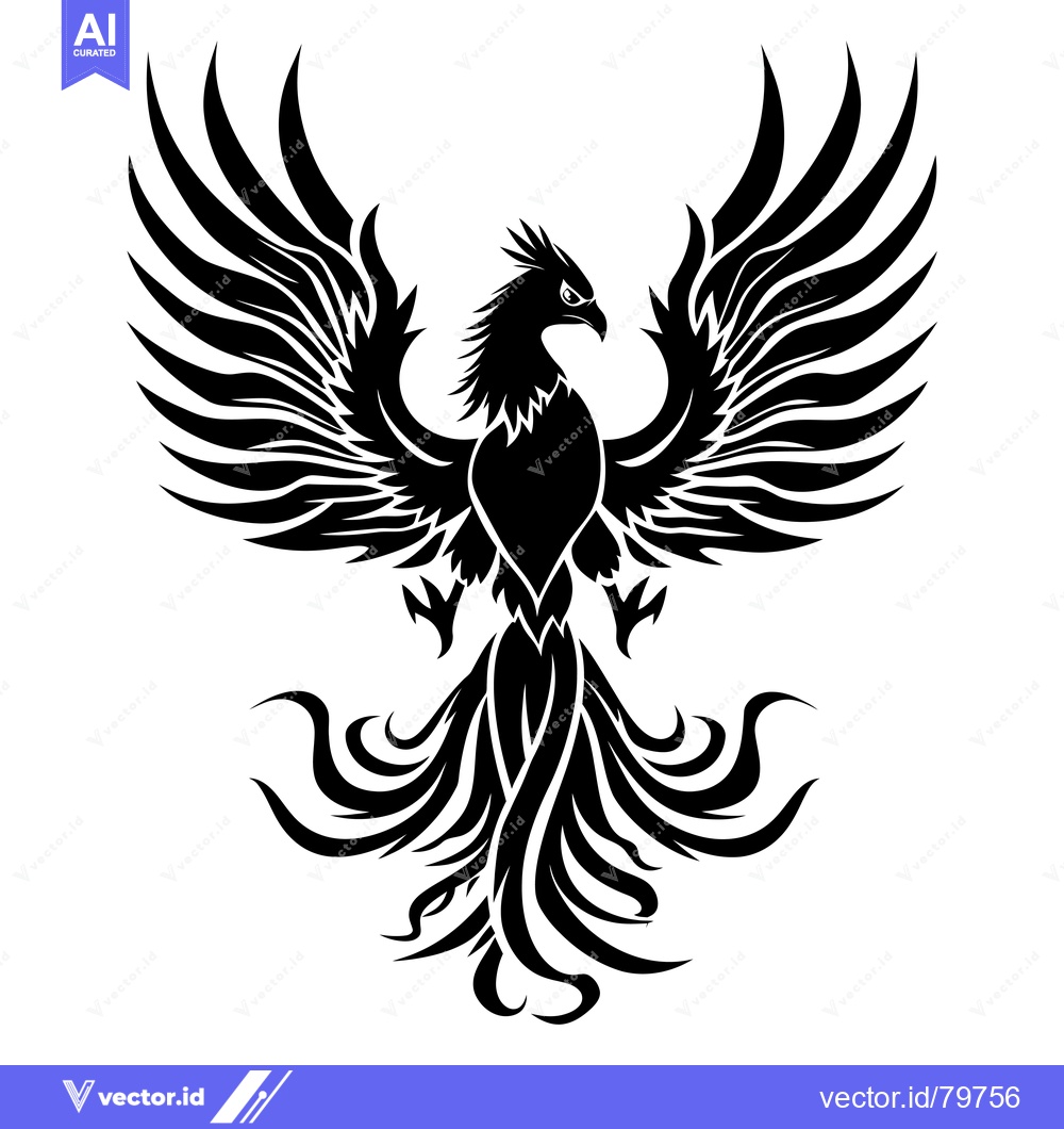 Premium Vector of Black and White Stylized Phoenix Bird with Spread Wings