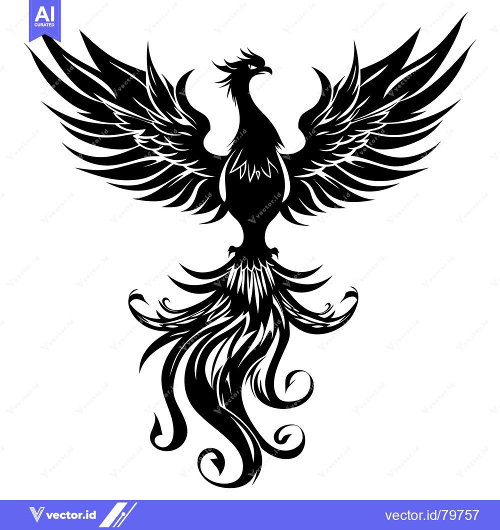 Premium Vector dari Black and White Stylized Phoenix with Spread Wings and Curving Tail Fe