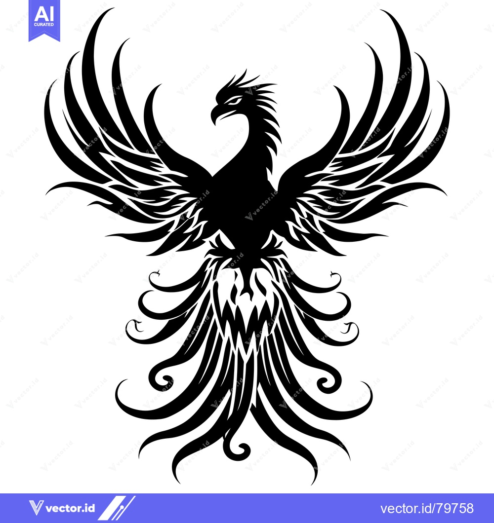 Premium Vector dari Stylized Black and White Phoenix with Spread Wings and Tail