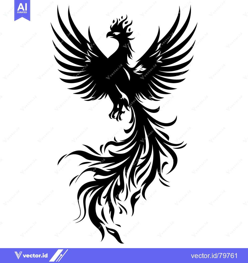 Premium Vector of Black and white silhouette of a phoenix with spread wings and a long,