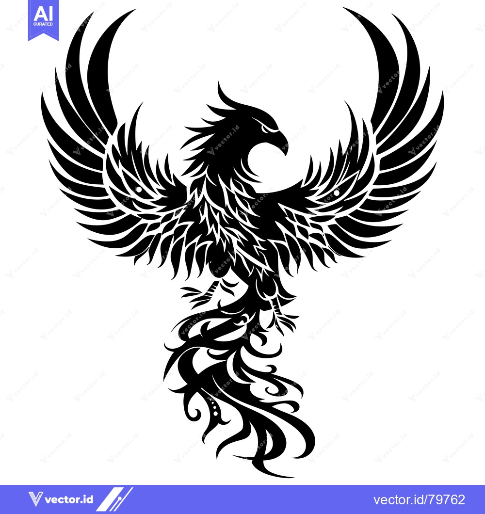 Premium Vector of Black and white stylized illustration of a phoenix bird with outstretc