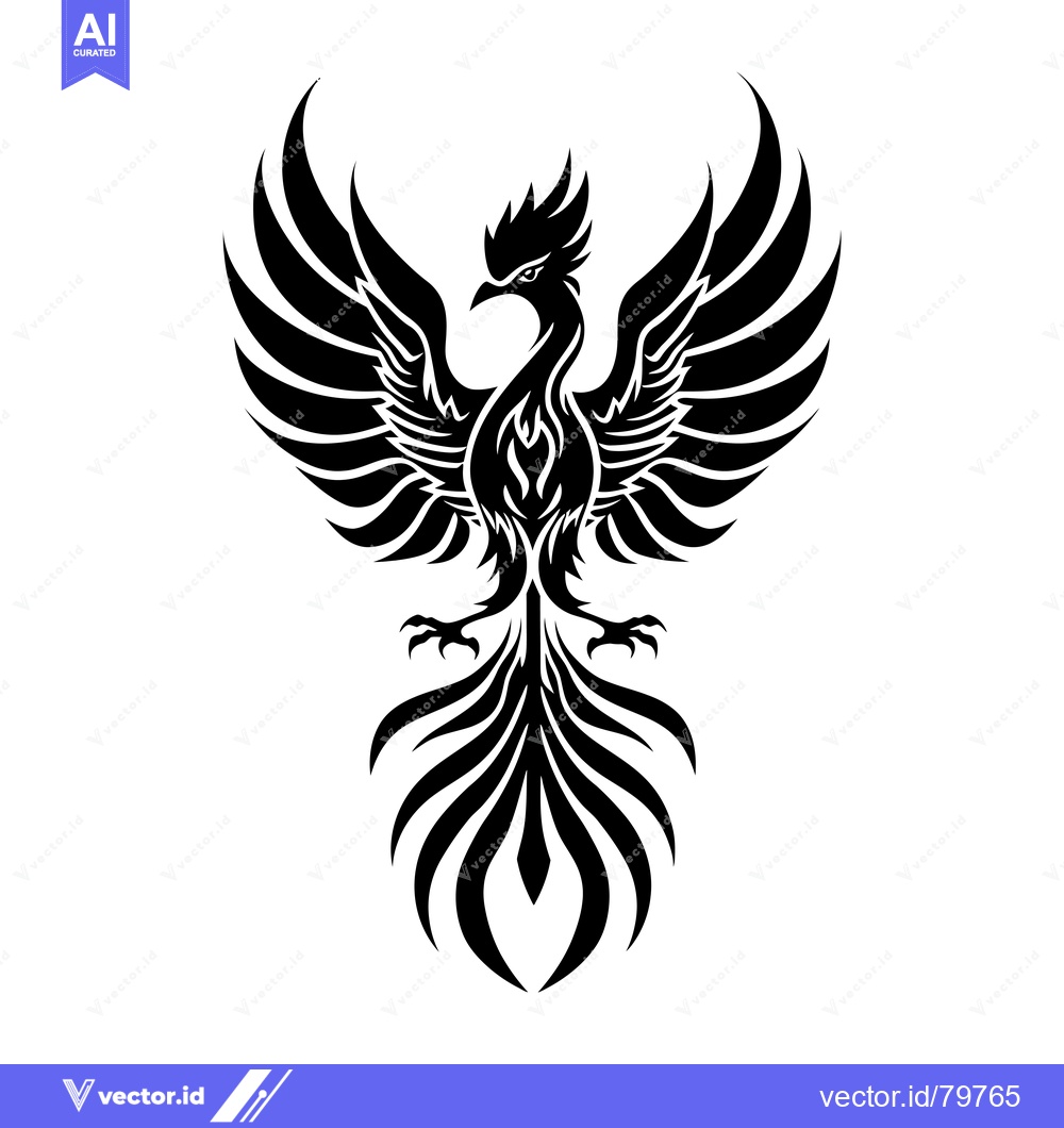 Premium Vector dari Black and White Stylized Phoenix with Spread Wings and Tail Feathers