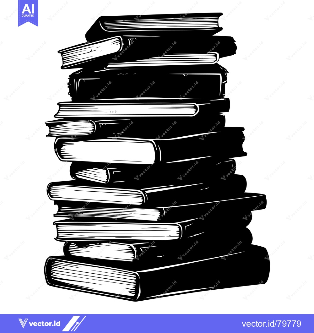 Premium Vector dari A Tall Stack of Books in a Black and White Illustration