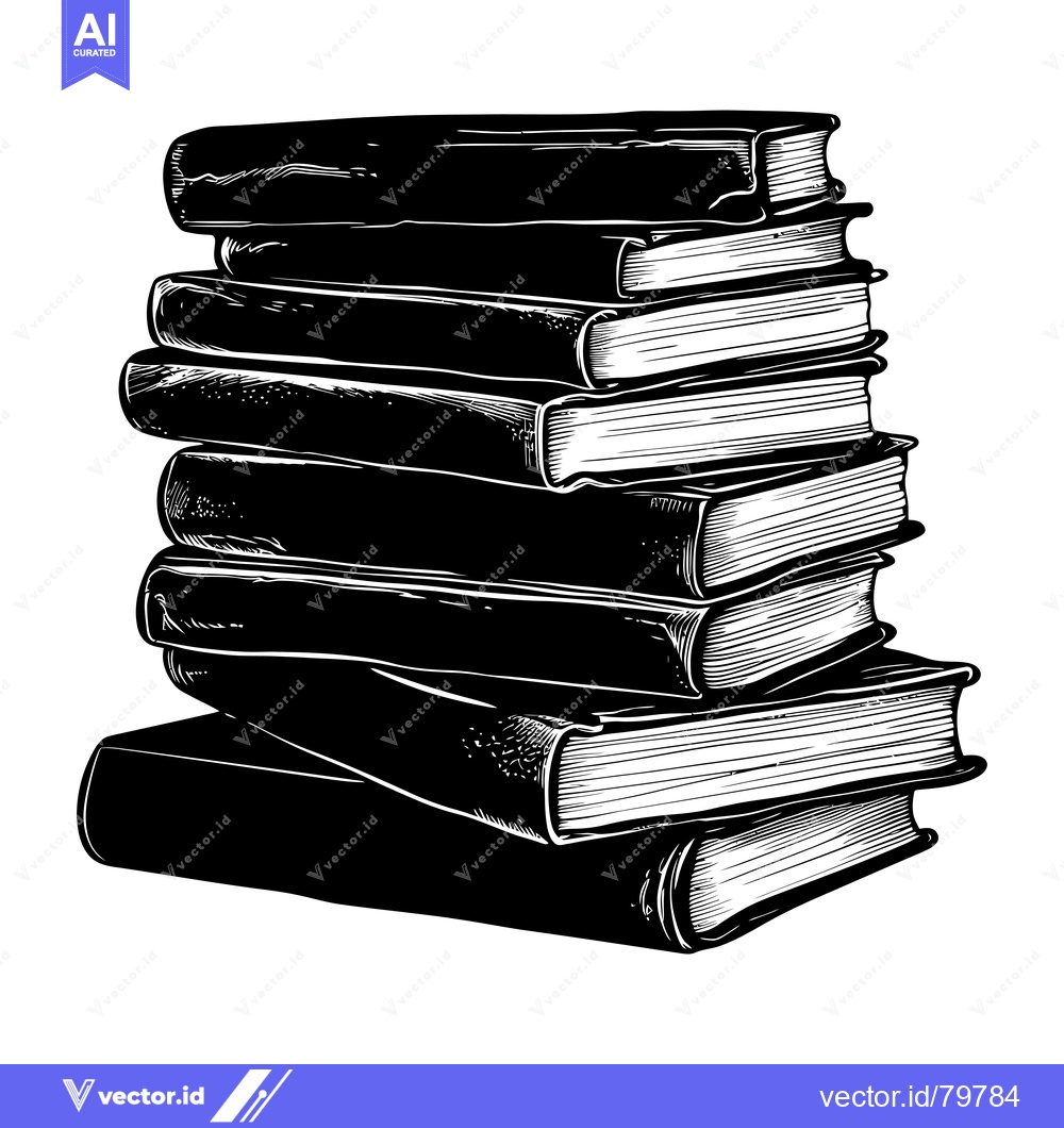 Premium Vector dari A Stack of Seven Books, Black and White Illustration