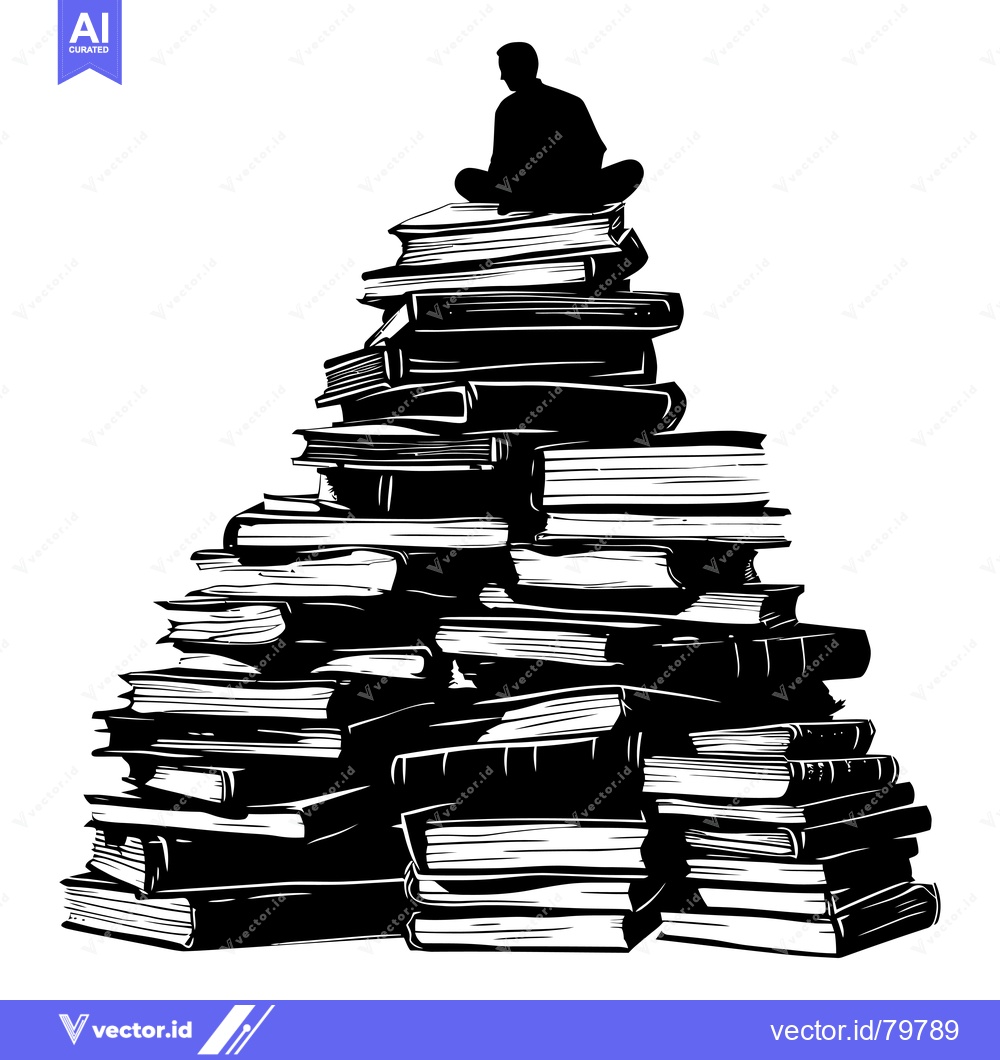 Premium Vector of Silhouette of a Person Sitting on a Large Pile of Books