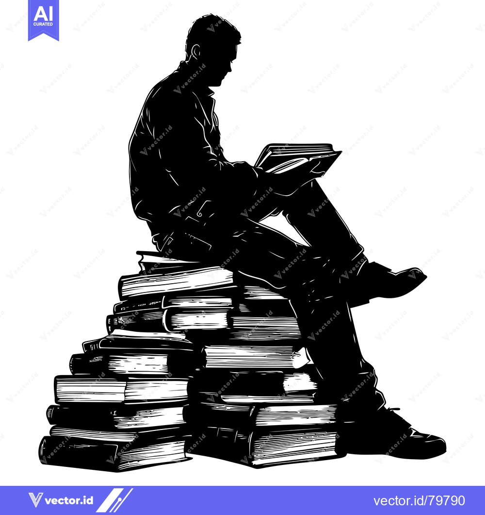 Premium Vector dari Silhouette of a Man Reading a Book on a Stack of Books