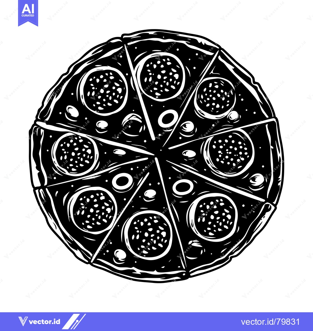 Premium Vector of Black and White Illustration of a Pepperoni Pizza with Olives