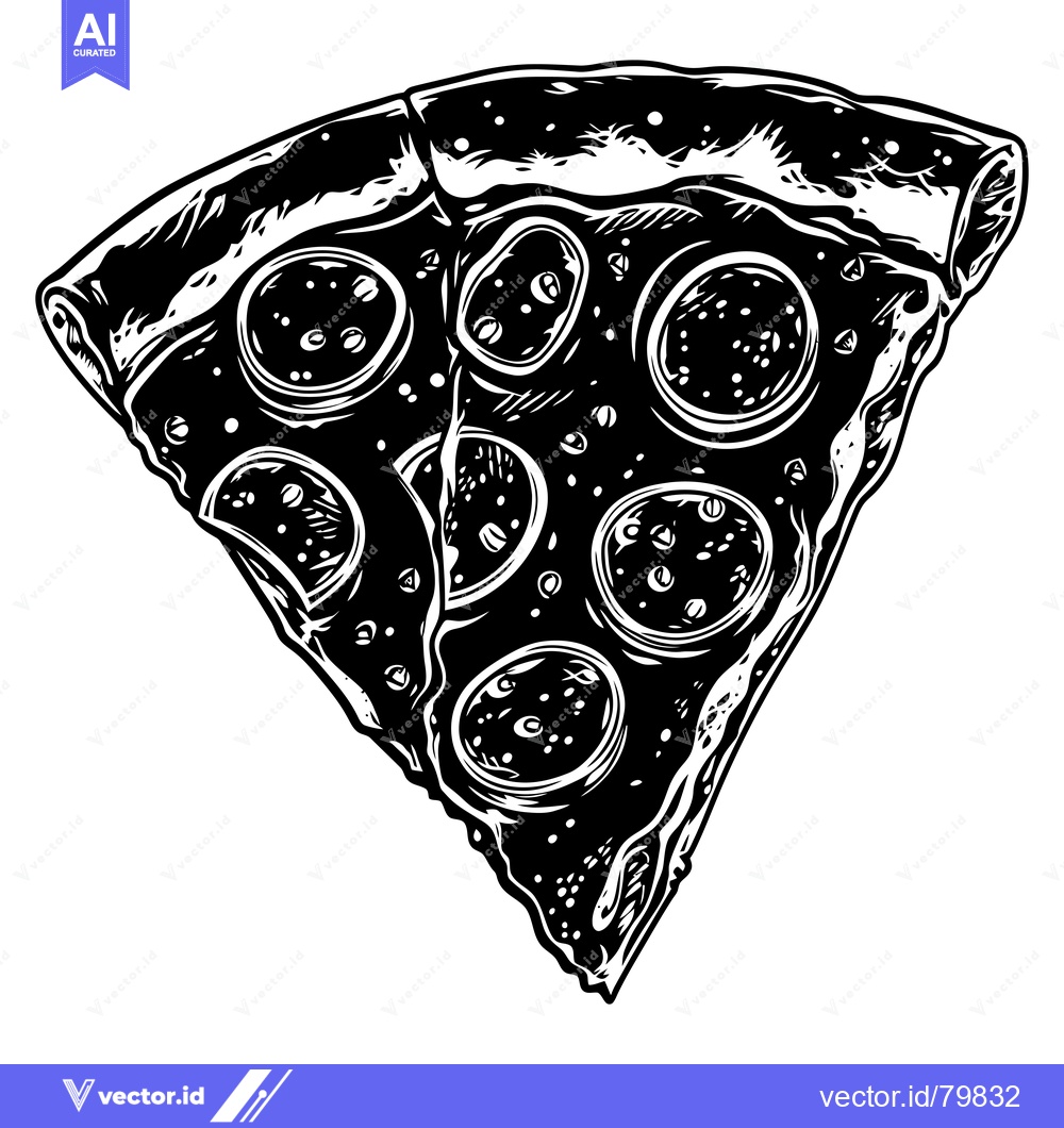 Premium Vector dari A slice of pizza with pepperoni toppings, illustrated in black and whi