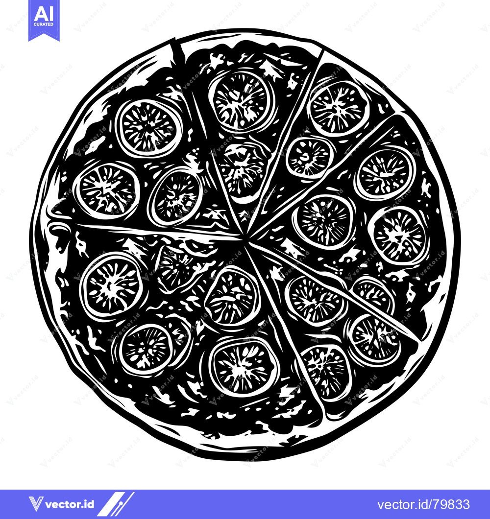 Premium Vector dari Black and White Illustration of a Pizza with Toppings