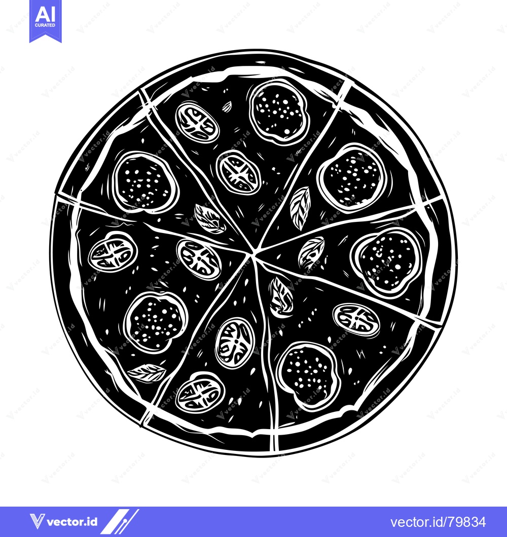 Premium Vector of Black and White Illustration of a Pizza with Toppings