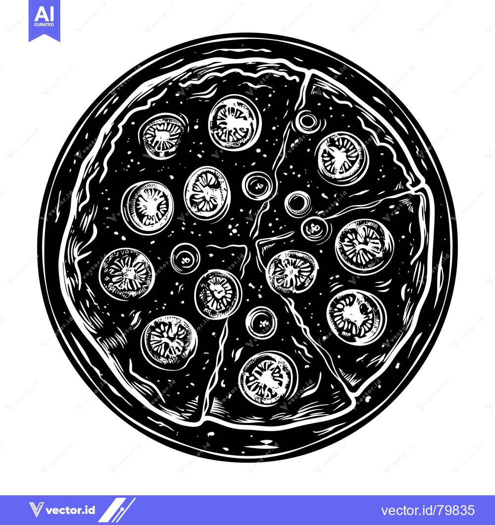 Premium Vector dari Black and White Illustration of a Round Pizza with Toppings