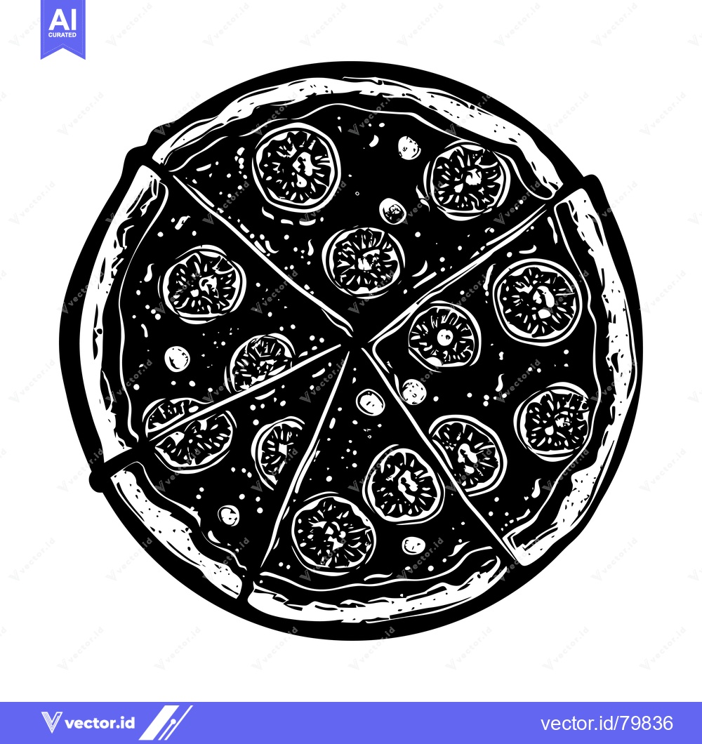 Premium Vector dari A Black and White Illustration of a Cut Pizza with Toppings