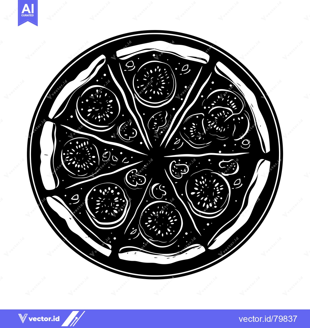 Premium Vector of Black and White Illustration of a Circular Pizza with Toppings