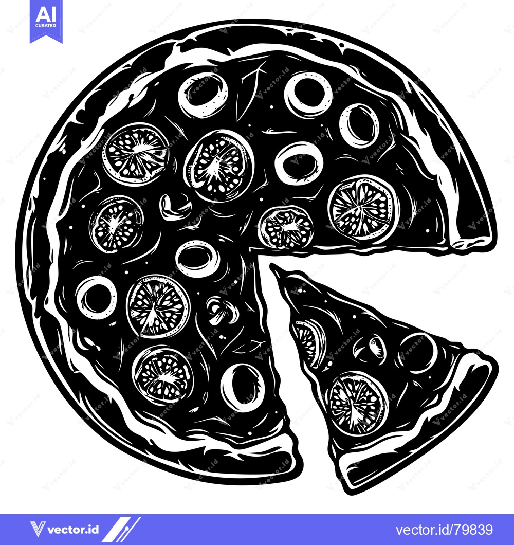Premium Vector dari Black and White Illustration of a Pizza with a Slice Removed