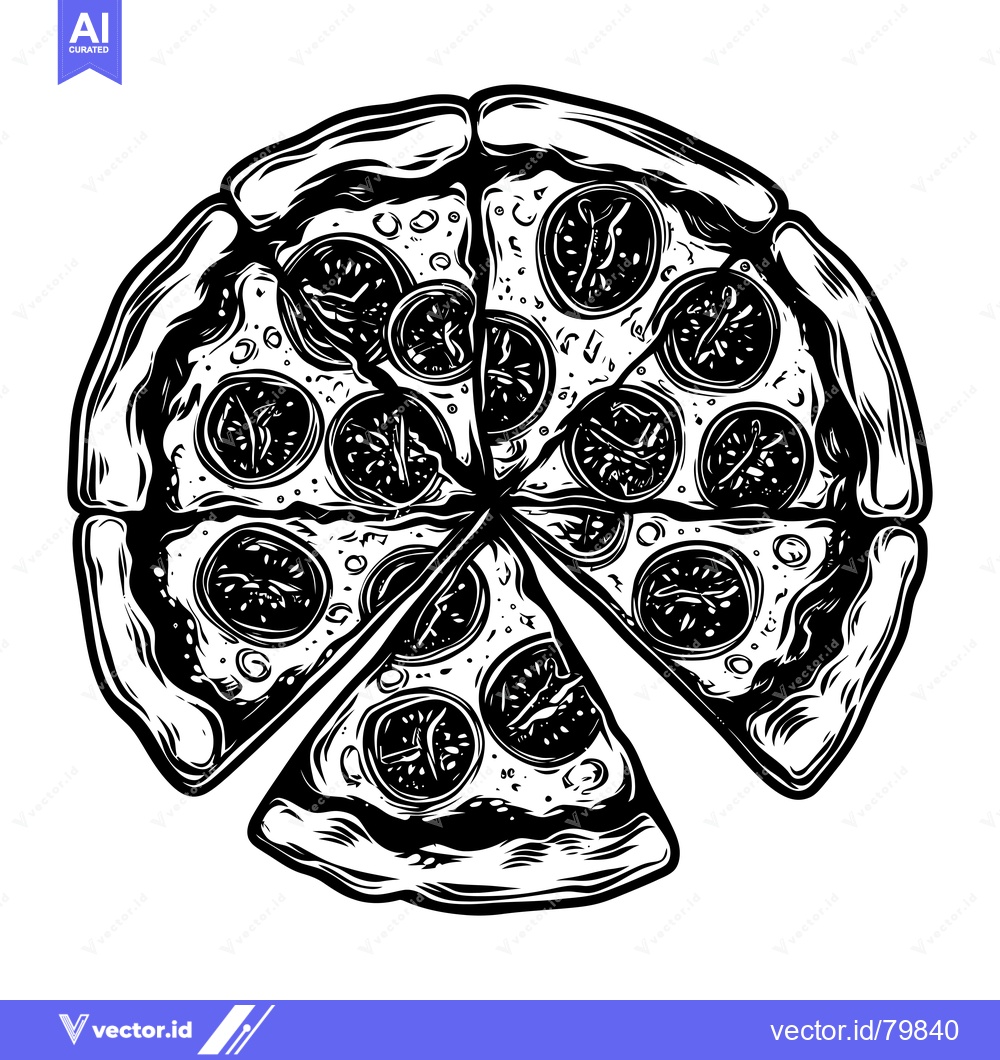 Premium Vector dari Black and White Illustration of a Pizza with Toppings