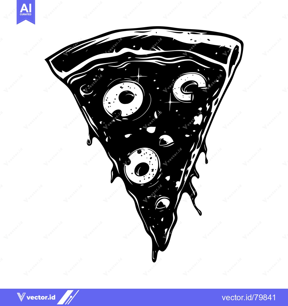 Premium Vector of Black and White Illustration of a Dripping Pizza Slice with Olives