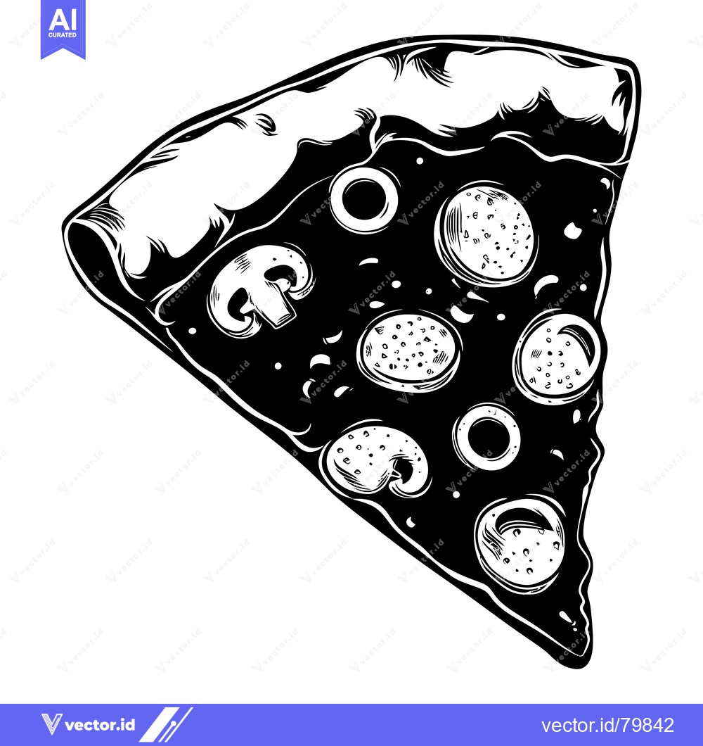 Premium Vector dari Black and White Illustration of a Pizza Slice with Various Toppings