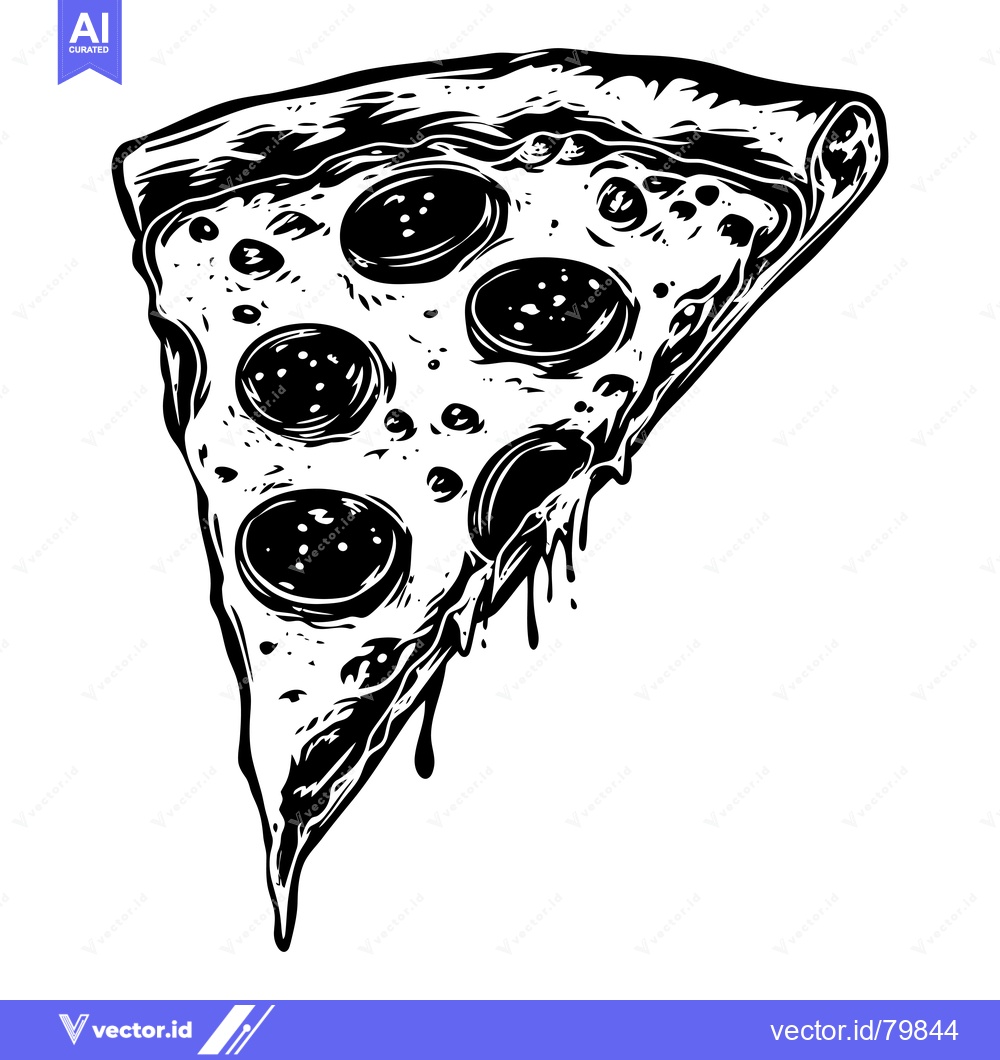 Premium Vector of A Black and White Illustration of a Dripping Slice of Pepperoni Pizza