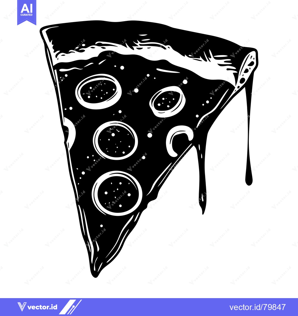 Premium Vector of Black and white illustration of a dripping pizza slice with pepperoni