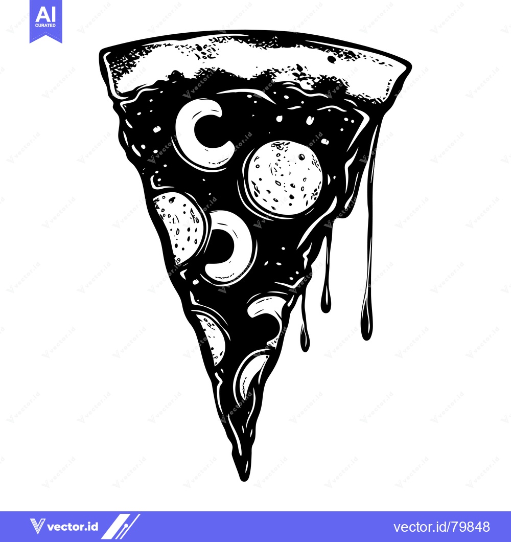 Premium Vector dari A Melted Slice of Pizza with Cheese Toppings in Black and White