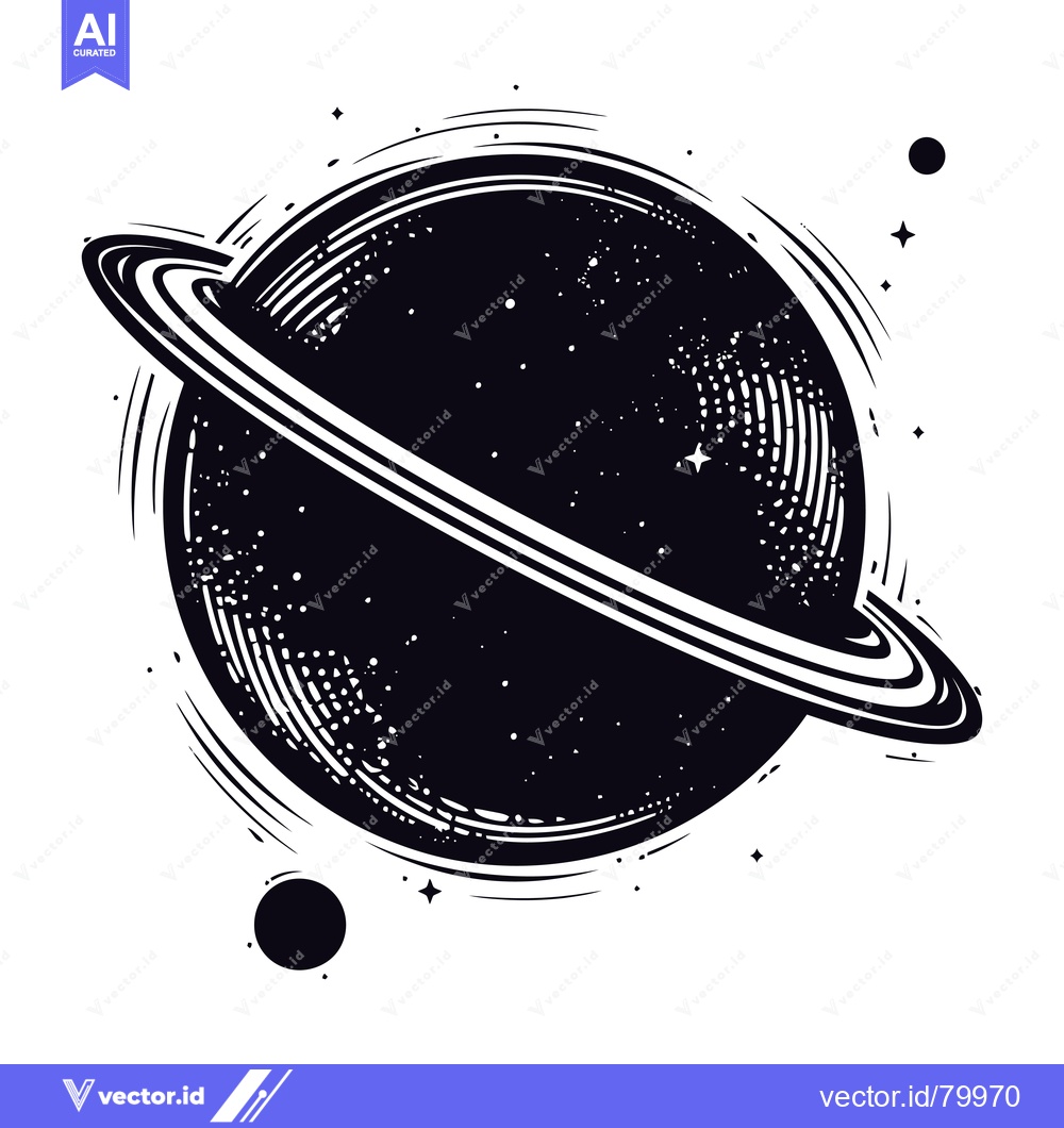 Premium Vector of A black and white illustration of Saturn with a ring system and stars.
