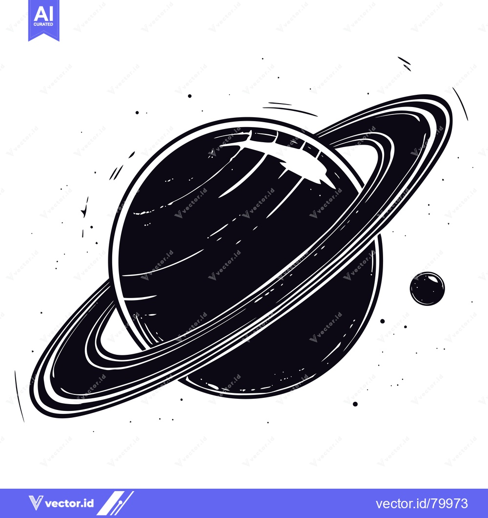 Premium Vector dari A black and white illustration of Saturn with its rings and a moon