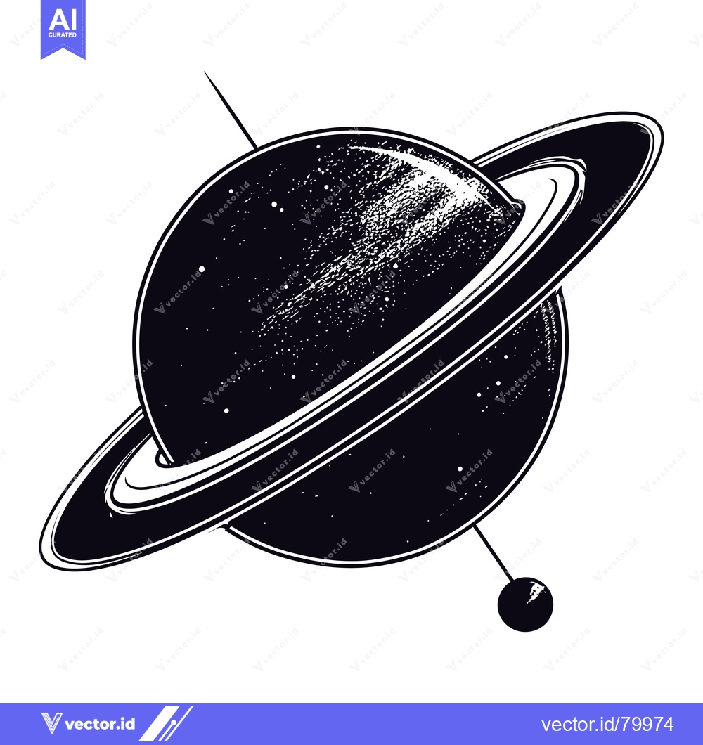 Premium Vector of Black and White Illustration of Saturn with Rings and a Moon