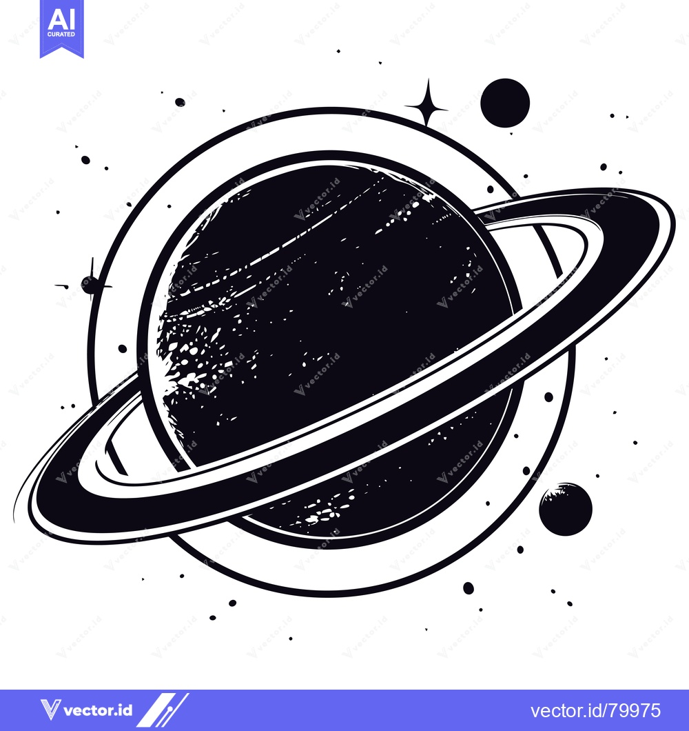 Premium Vector dari Black and White Illustration of Saturn with Rings and Stars