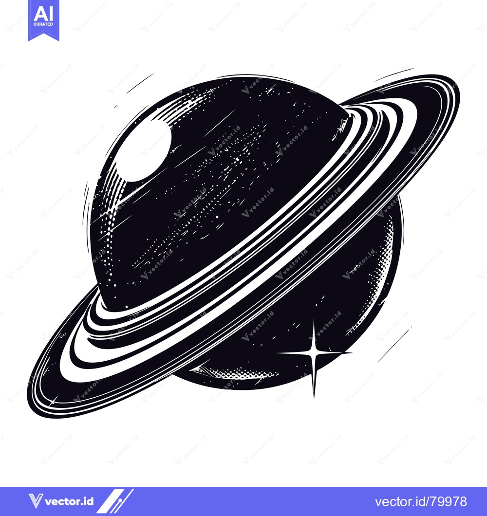 Premium Vector dari Black and White Illustration of Saturn with Rings and a Star