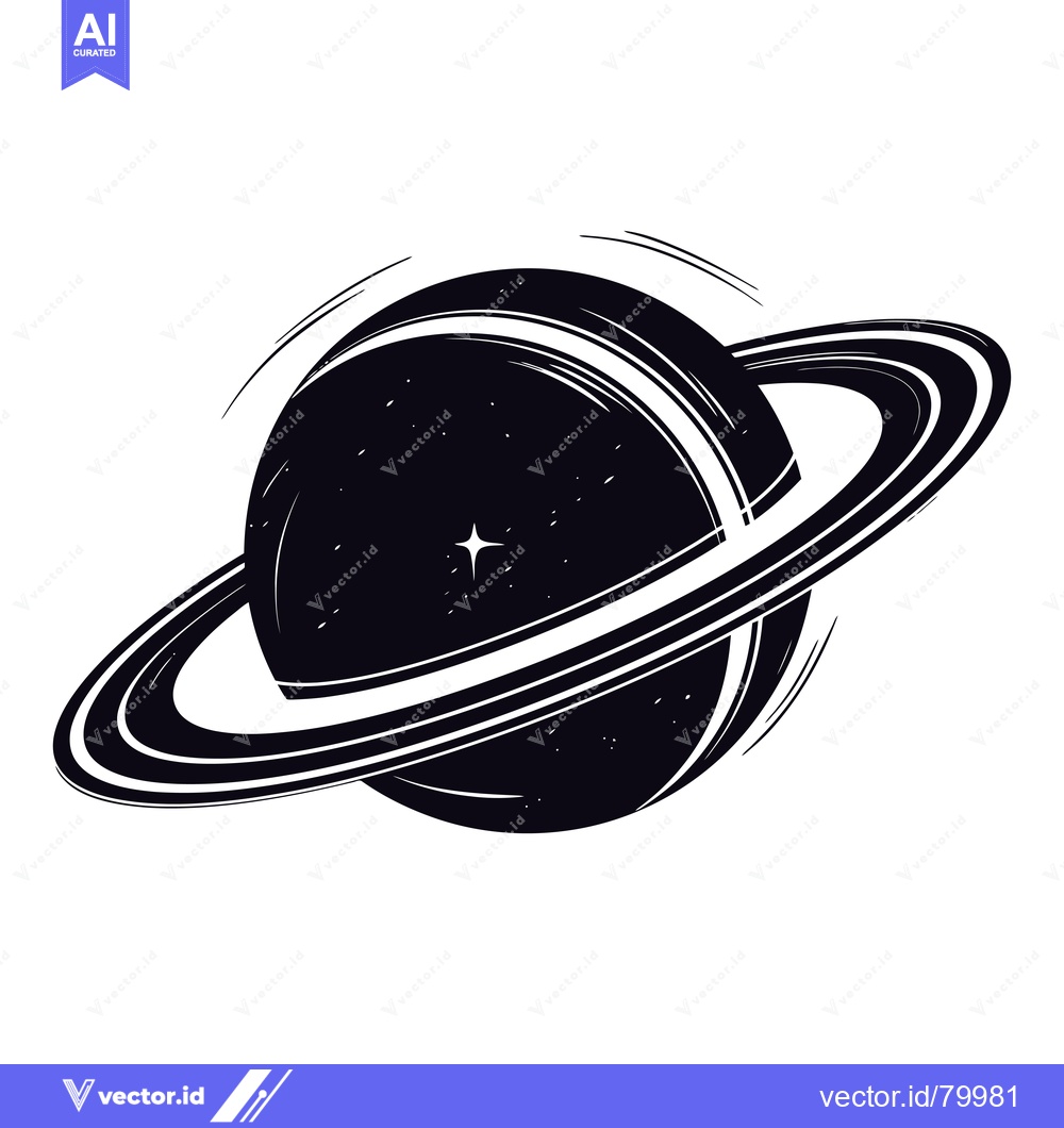 Premium Vector of Stylized Black and White Illustration of Saturn with Rings and a Singl