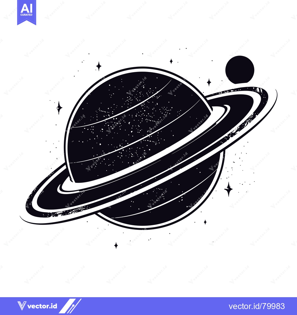 Premium Vector dari Stylized Black and White Illustration of Saturn with Rings and Stars