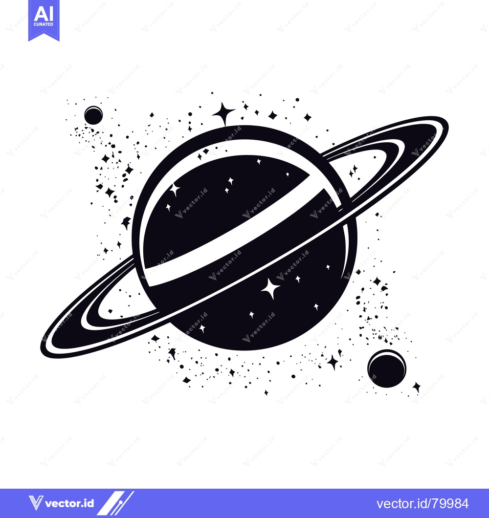 Premium Vector dari Black and white illustration of Saturn with rings and stars in space