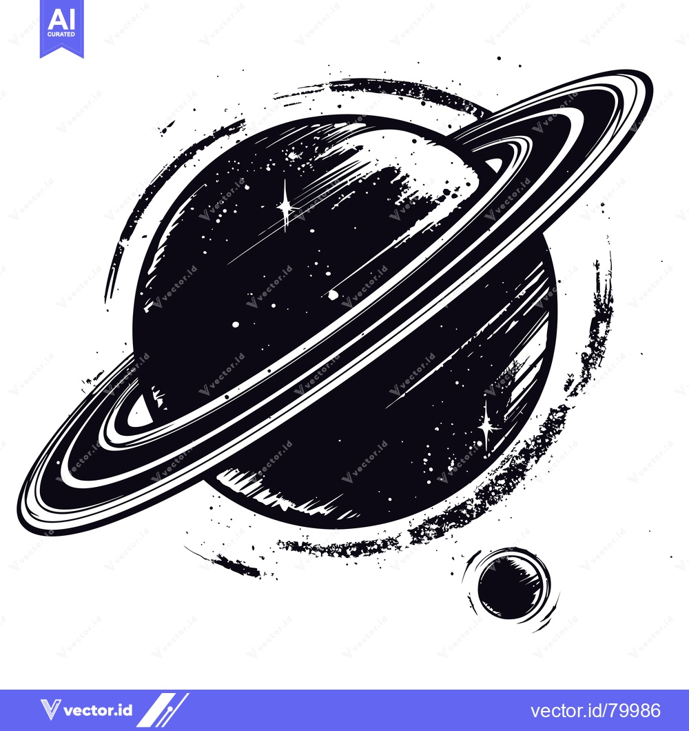 Premium Vector of A Black and White Illustration of Saturn with its Rings and a Moon